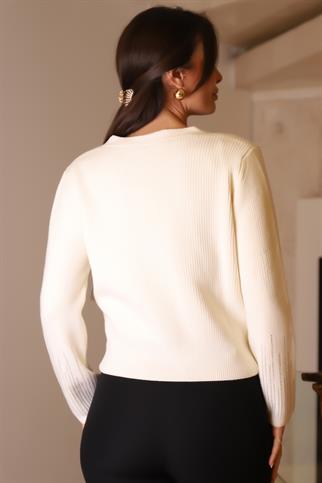 KOLLARI TAŞLI EKRU TRİKO KADIN HIRKA 022-2K5