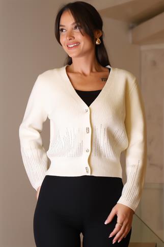 KOLLARI TAŞLI EKRU TRİKO KADIN HIRKA 022-2K5