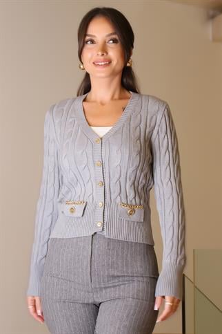 CEP DETAYLI V YAKA GRİ KADIN TRİKO HIRKA 043-2K5