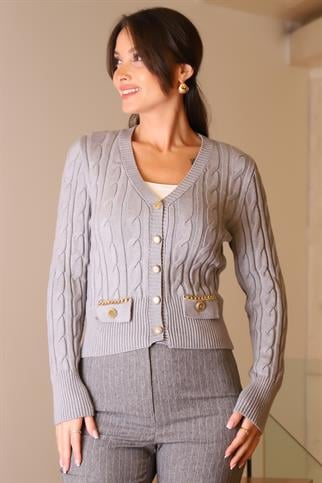 CEP DETAYLI V YAKA GRİ KADIN TRİKO HIRKA 043-2K5