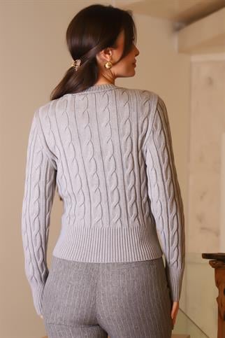 CEP DETAYLI V YAKA GRİ KADIN TRİKO HIRKA 043-2K5