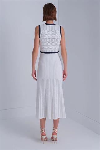 Lacivert Şerit Detaylı Beyaz Midi Elbise  043-2Y5