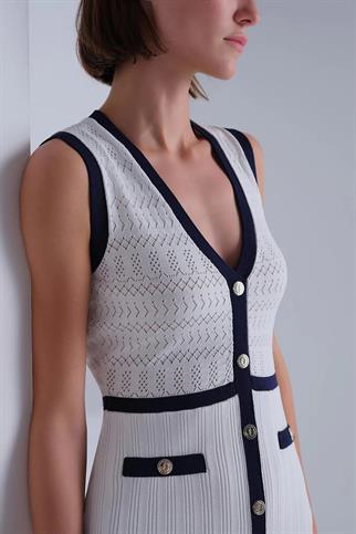 Lacivert Şerit Detaylı Beyaz Midi Elbise  043-2Y5