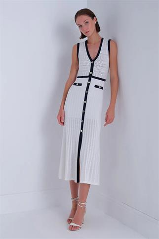 Lacivert Şerit Detaylı Beyaz Midi Elbise  043-2Y5