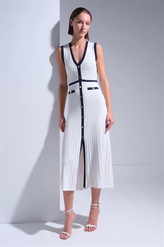 Lacivert Şerit Detaylı Beyaz Midi Elbise  043-2Y5