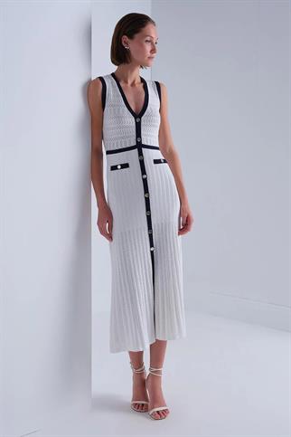 Lacivert Şerit Detaylı Beyaz Midi Elbise  043-2Y5