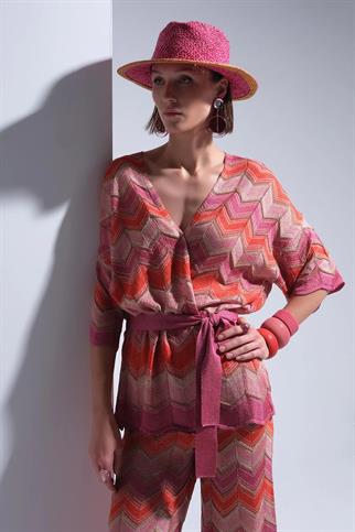 Zikzak Desenli Beli Kemerli Simli Multi Hırka 067-2Y5