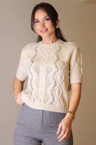 KISA KOLLU TAŞ İŞLEMELİ BEJ KADIN KAZAK 074-2K5