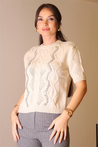 KISA KOLLU TAŞ İŞLEMELİ BEJ KADIN KAZAK 074-2K5