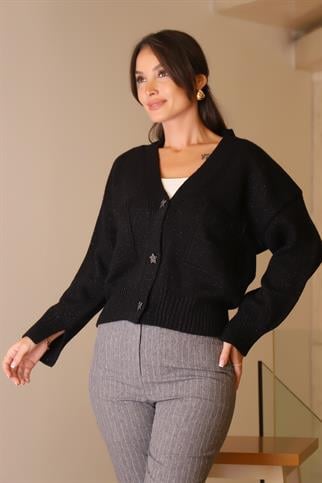 YILDIZ DÜĞMELİ SİYAH KADIN HIRKA 091-2K5