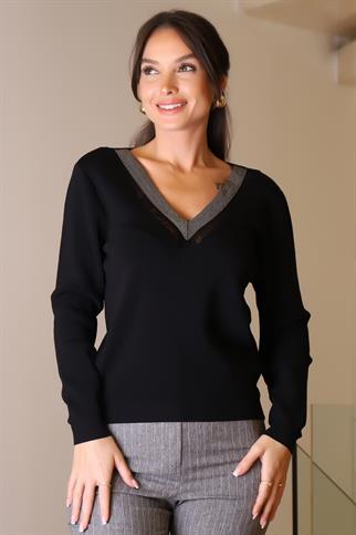 V YAKA UZUN KOLLU SİYAH KADIN KAZAK 108-2K5