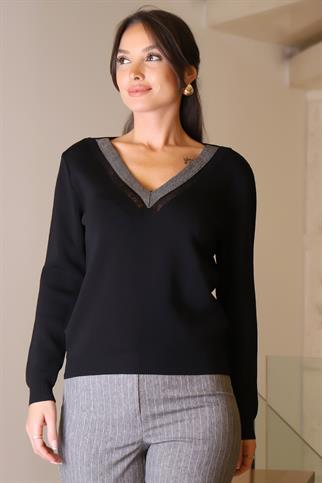 V YAKA UZUN KOLLU SİYAH KADIN KAZAK 108-2K5