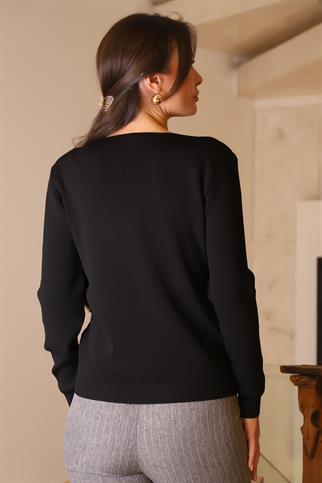 V YAKA UZUN KOLLU SİYAH KADIN KAZAK 108-2K5