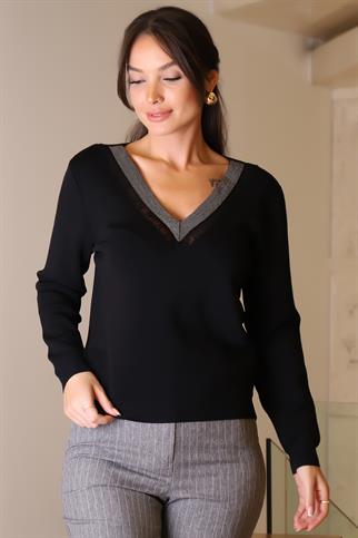 V YAKA UZUN KOLLU SİYAH KADIN KAZAK 108-2K5