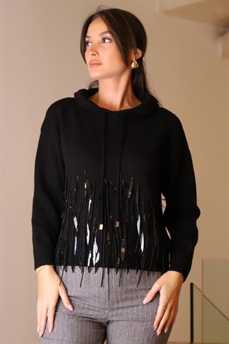 KAPÜŞONLU BONCUK İŞLEMELİ SİYAH KADIN KAZAK  120-2K5