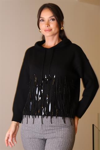 KAPÜŞONLU BONCUK İŞLEMELİ SİYAH KADIN KAZAK  120-2K5