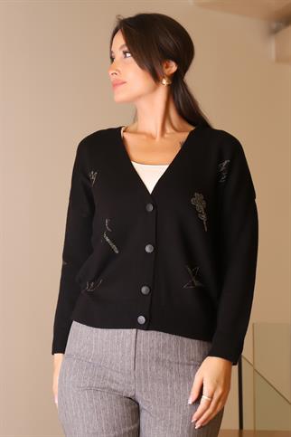 UZUN KOLLU TAŞ İŞLEMELİ SİYAH KADIN HIRKA 143-2K5