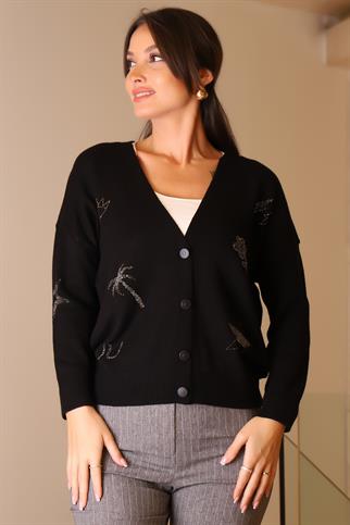 UZUN KOLLU TAŞ İŞLEMELİ SİYAH KADIN HIRKA 143-2K5