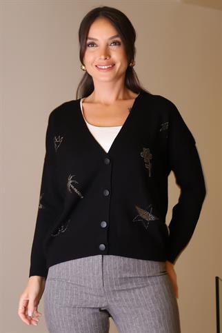 UZUN KOLLU TAŞ İŞLEMELİ SİYAH KADIN HIRKA 143-2K5