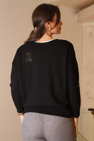 UZUN KOLLU TAŞ İŞLEMELİ SİYAH KADIN HIRKA 143-2K5