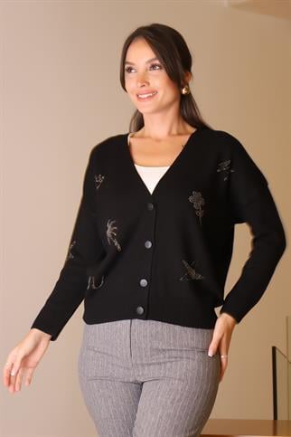 UZUN KOLLU TAŞ İŞLEMELİ SİYAH KADIN HIRKA 143-2K5