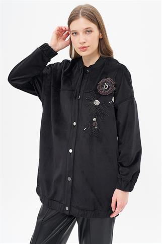 BONCUK İŞLEMELİ ÇITÇITLI SİYAH KADIN CEKET 13065-2K5