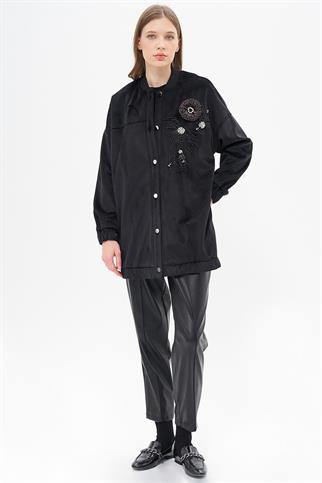 BONCUK İŞLEMELİ ÇITÇITLI SİYAH KADIN CEKET 13065-2K5