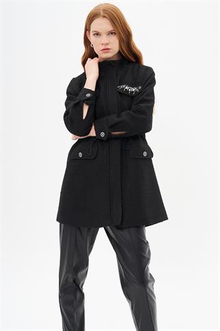 BELİ LASTİKLİ CEPLERİ İŞLEMELİ SİYAH KADIN CEKET 13097-2K5