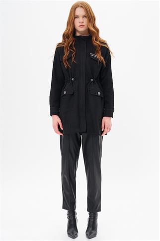 BELİ LASTİKLİ CEPLERİ İŞLEMELİ SİYAH KADIN CEKET 13097-2K5