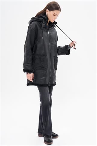 DİK YAKA SUNİ DERİ SİYAH KADIN KABAN 17017-2K5