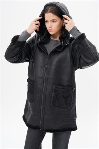 DİK YAKA SUNİ DERİ SİYAH KADIN KABAN 17017-2K5
