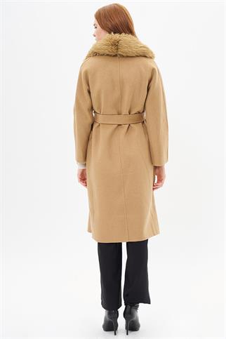 Kruvaze Düğmeli Camel Kadın Kaban 17024-2K5