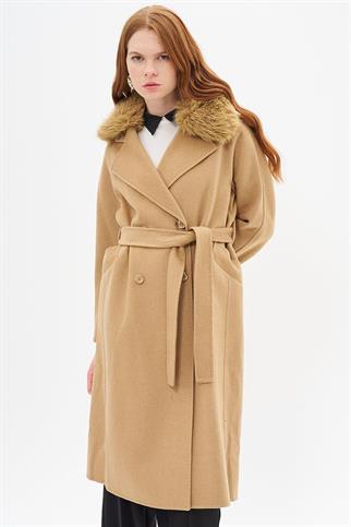 Kruvaze Düğmeli Camel Kadın Kaban 17024-2K5