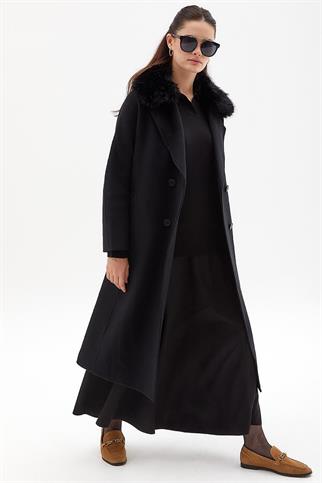 Kruvaze Düğmeli Siyah Kadın Kaban 17024-2K5