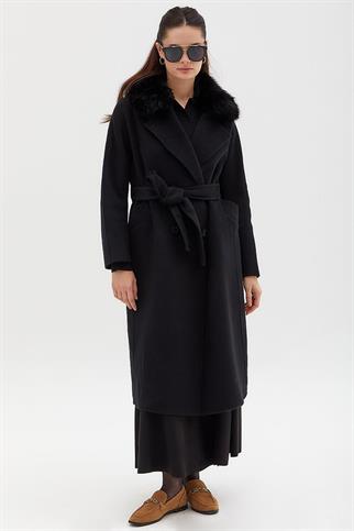 Kruvaze Düğmeli Siyah Kadın Kaban 17024-2K5