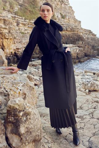 Kruvaze Düğmeli Siyah Kadın Kaban 17024-2K5