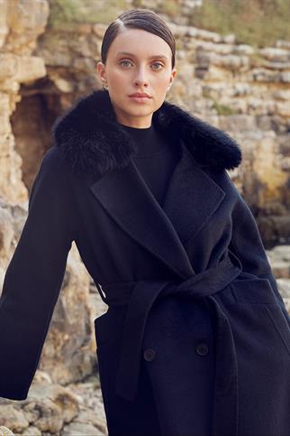 Kruvaze Düğmeli Siyah Kadın Kaban 17024-2K5