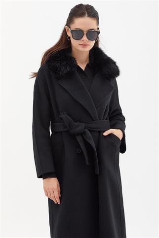 Kruvaze Düğmeli Siyah Kadın Kaban 17024-2K5