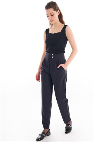 TAŞ DÜĞMELİ CEPLİ SİYAH KADIN PANTOLON 19013-2Y4