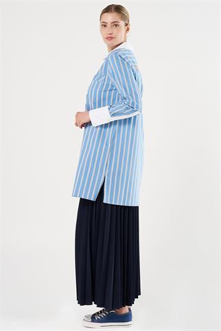 UZUN KOLLU ÇİZGİLİ MAVİ KADIN TUNİK 21034-2Y5