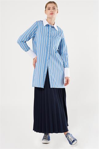 UZUN KOLLU ÇİZGİLİ MAVİ KADIN TUNİK 21034-2Y5