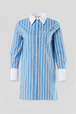 UZUN KOLLU ÇİZGİLİ MAVİ KADIN TUNİK 21034-2Y5