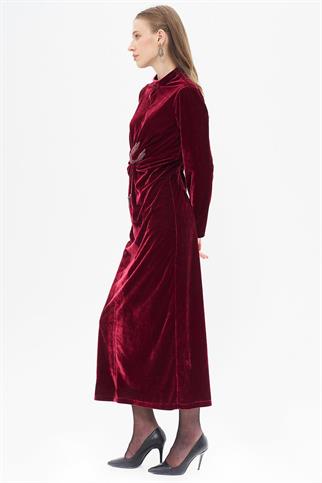 Aksesuar Detaylı Bordo Kadife Elbise  23040-2K5