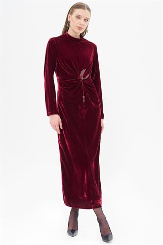 Aksesuar Detaylı Bordo Kadife Elbise  23040-2K5