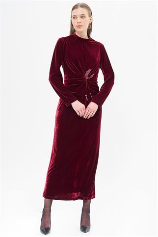 Aksesuar Detaylı Bordo Kadife Elbise  23040-2K5