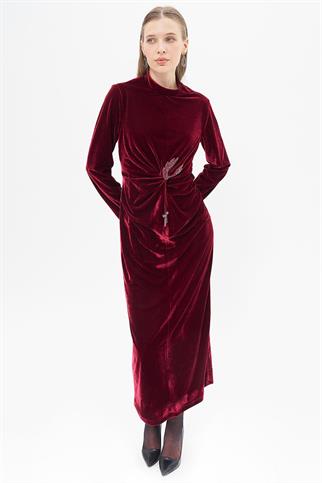 Aksesuar Detaylı Bordo Kadife Elbise  23040-2K5