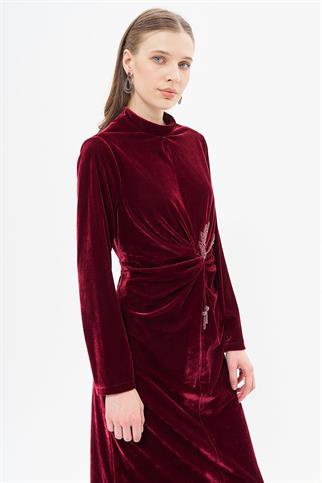 Aksesuar Detaylı Bordo Kadife Elbise  23040-2K5