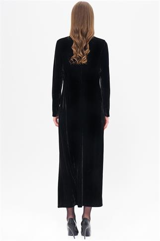 Aksesuar Detaylı Siyah Kadife Elbise 23040-2K5