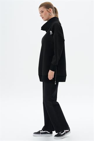 Triko Garnili Kapitoneli Siyah Kadın Sweatshirt  31007-2K5