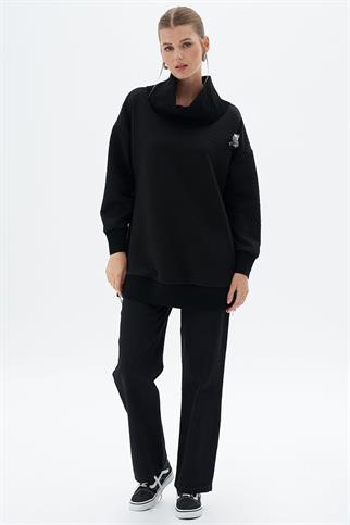 Triko Garnili Kapitoneli Siyah Kadın Sweatshirt  31007-2K5